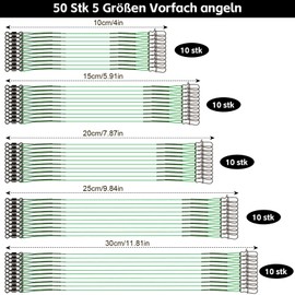 DONQL 50 Piece Steel Leader Pike Fishing Set with Swivel & Carabiner, 5 Sizes Leader Fishing Green, 10/15/20/25/30 cm Stainless Steel Fishing Accessories, Bite Resistant Steel Leaders for Saltwater