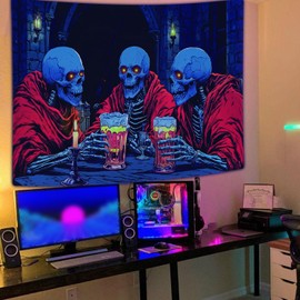 JAWO Blacklight Skull Tapestry Trippy Skeleton Cheerful Drink Beer UV Tapestry Reactive Funny Tapestries Glow in The Dark Party Backdrop Wall Hanging Neon Tapestry for Bedroom Living Room Decor