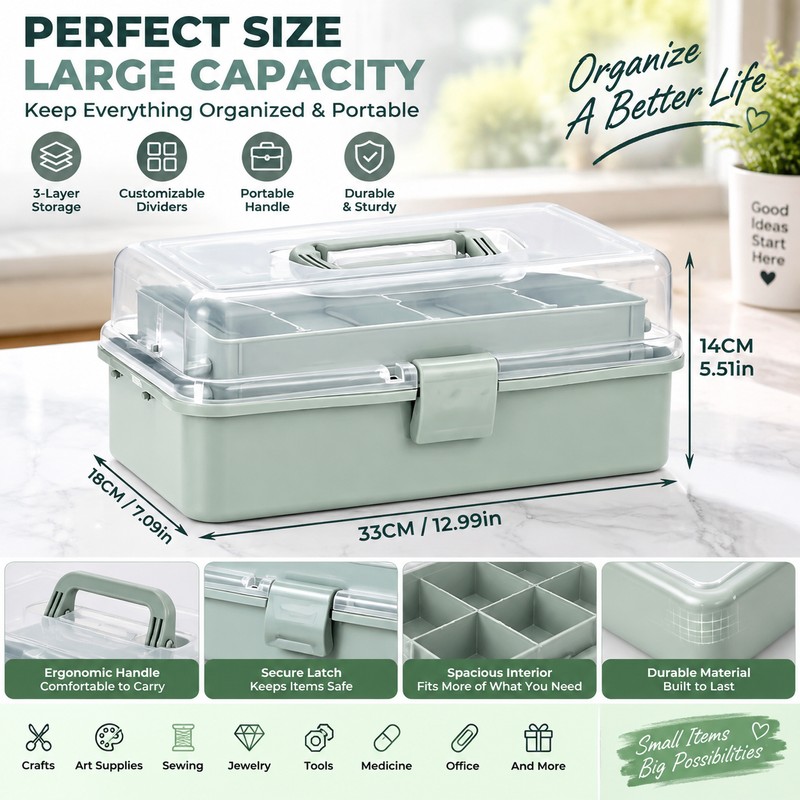 3-Layer Plastic Storage Organizer with Adjustable Dividers – Portable Craft
