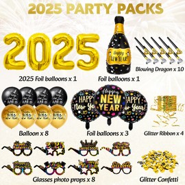 YBwanli New Year's Eve Decoration 2025, Happy New Year Decoration XXL 2025 (32 Inches) Foil Balloons, Confetti Made of Black Gold, Photo Props, New Year's Eve Decoration 2025 Party Set