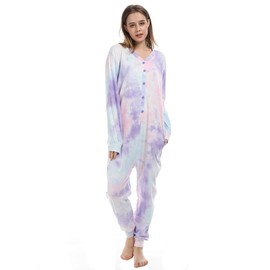 Lifeye Womens Onesie Pajamas Romper Sleepwear Set Tie Dye Long Sleeve Jumpsuit Homewear Union Suit with Drop Seat Butt Flap Pink Purple M
