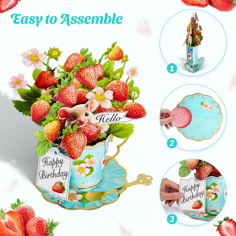 Airpark Paper Pop UP Cards, Strawberry Paper Flower Bouquet Greeting