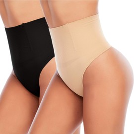 Werena Tummy Control Thong Shapewear for Women Seamless Shaping Thong Panties Body Shaper Underwear(01# Black+Beige 2 pack,Medium)