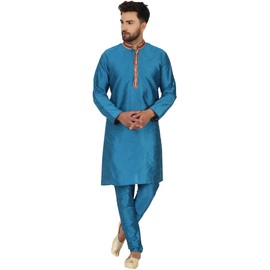 SKAVIJ Men's Art Silk Embroidered Kurta Pajama Set Woven Design Festive Party Dress (KP027turquoise_Turquoise_M)