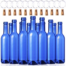 Rtteri 12 Sets Small Empty Wine Bottles with Cork Lights Centerpiece and 30 LED Battery Operated Cork Lights for Birthday Wedding Party Decoration(375 ml,Blue Bottle)