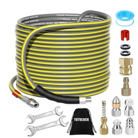 TUTULUCK Sewer Jetter Kit for Pressure Washer 100FT, Drain Cleaner Hose 5800PSI 1/4 Inch NPT Corner with Sewer Cleaning Tool High Pressure Nozzle and Spanner Waterproof Tape