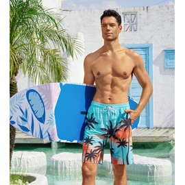 YGDSX - Traje de baño para hombre con forro de compresión de 9 pulgadas, pantalones cortos de natación de secado rápido, pantalones cortos deportivos hawaianos, Azul (Blue Tree), XX-Large