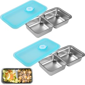 Lyreh 2pcs Stainless Steel Snack Containers with Lid, Reusable Double-Compartment Grab and Go Snack Containers Leakproof Metal Bento Box for Travel Camping Meal Prep