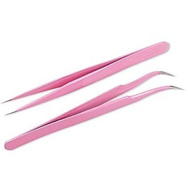 2 Pcs Pink Stainless Steel Tweezers for Eyelash Extensions, Straight and Curved Tip Tweezers Nippers, False Lash Application Tools
