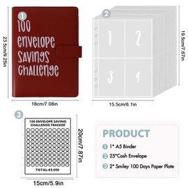 100 Envelopes Money Saving Challenge Binder, A5 Money Saving Binder Budget Planner, 100 Days Savings Book for Money Challenge, Save Binder Budget Binder with Cash Envelopes to Save €5050 Money Saving