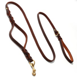 Guiding Star Double Handle Leather Dog Leash 6ft, Heavy Duty Braided Dog Leash with Traffic Handle for Small Medium & Large Dogs (Two Handles 6 Foot x 5/8", Brown)