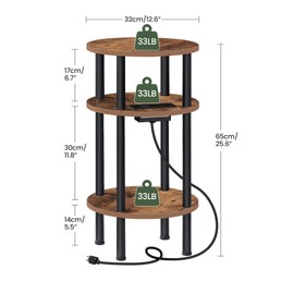 CHOEZON Small Round Side Table, End Table with Charging Station, 3-Tier Sofa Side Table for Small Spaces, Small Coffee Table, Round Nightstand for Living Room, Bedroom, Rustic Brown and Black TBZ06UBF