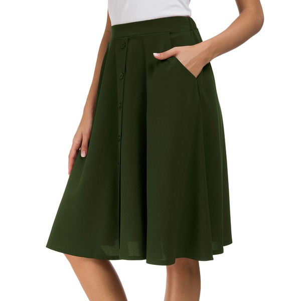 Afibi Women's High Waisted A Line Pleated Midi Skirt Button