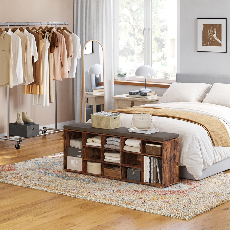 DINZI LVJ Shoe Storage Bench with Cushion, 15-Cubby Rack, Adjustable