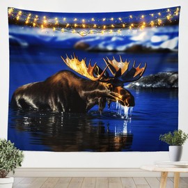 Feelyou Kids Moose Tapestry Deer Hunting Wall Hanging Small 51"x59" for Boys Girls Teens Room Decor Antlers Wild Animal Lake Nature WildLife Rustic Wall Blanket Lodge Wall Art