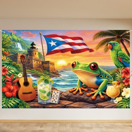 7 x 5 FT Puerto Rico Flag Backdrop, Tropical Puerto Rican Theme Hanging Photo Background with Castle, Flag, Frog, and Hibiscus Flowers, Vibrant Heritage Photography Booth Prop Cultural Decorations