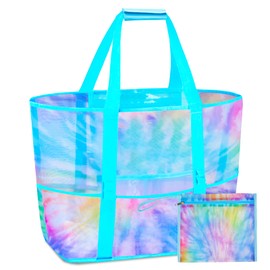 Nidoul Netz-Strandtasche, Strandtasche mit Reißverschlusstasche, verstaubar, große Strandtasche für Damen, Kinder, Urlaub, Reisen, Pool, Schwimmen, Batik