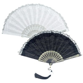 APOMOONS Vintage Lace Fan, 2 Pieces Fans, Lace Fan Rib, Lace Folding Fan with Pendant, Hand Fan, Lace for Drama, Dance, Fecher, Women for Prom, Party, Wedding (Black, White)