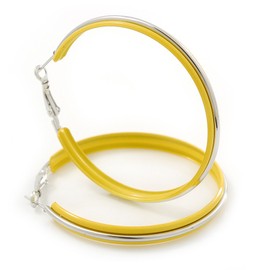 60mm D/Yellow Enamel Hoop Earrings/Silver Tone/Large