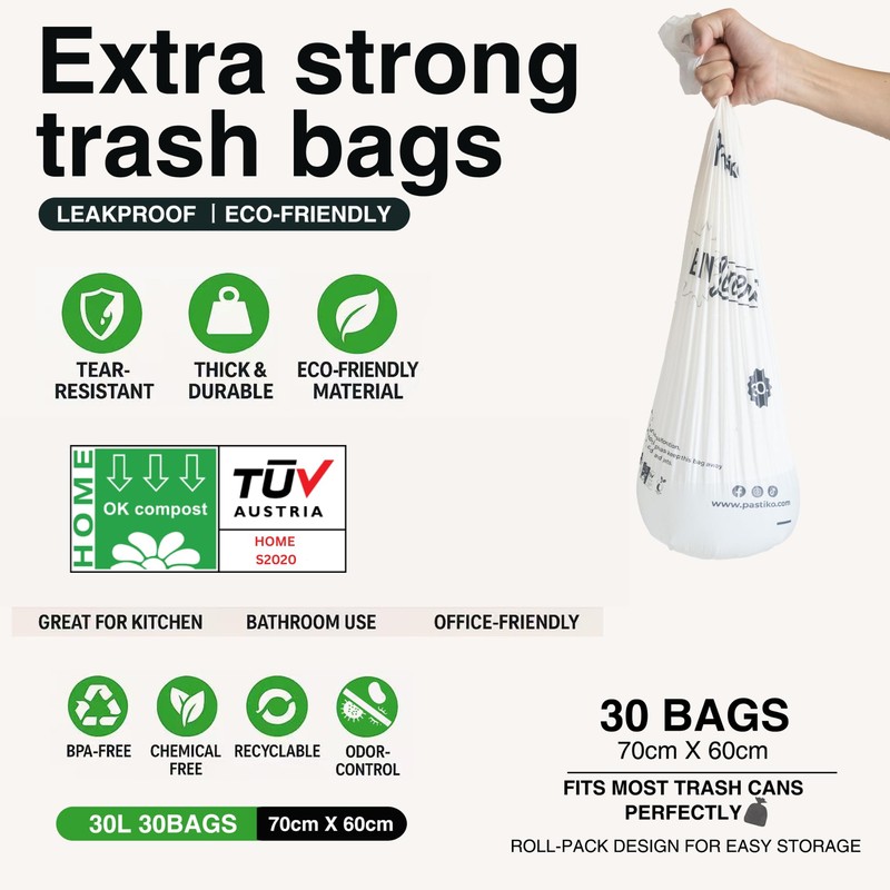Pastiko 100% Compostable Bin Bags 30L Bin Liners Extra Thick