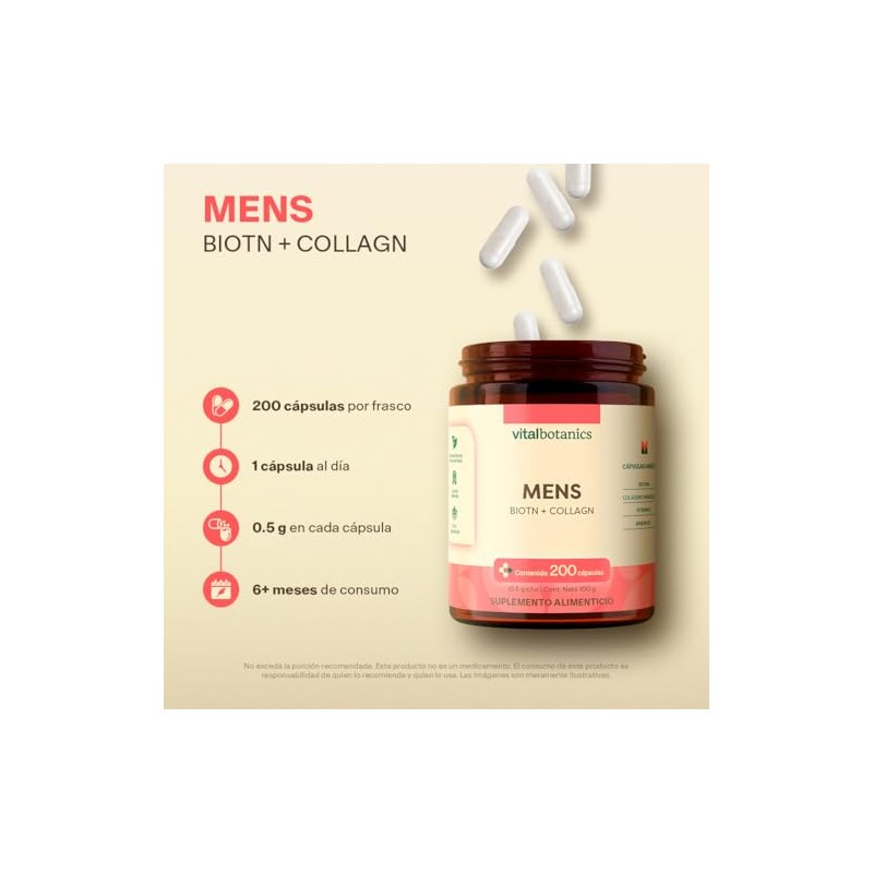 Vital Botanics Biotina Colágeno Hidrolizado Hombre 200 Cápsulas 500 Vitaminas