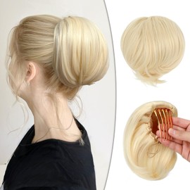 Wodelanle Hair Bun Hair Piece Short Ponytail Extension Drawstring Straight Hair Buns with Comb Bun Updo Fake Hair Piece for Women Fake Pony（Bleach Blonde）