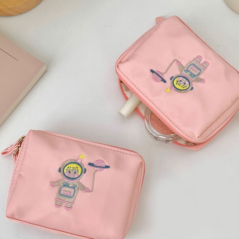 Spaceman Embroidered Mini Makeup Bag Zipper Closure Multi Compartment Travel