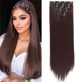 BGTTI Brown Hair Extensions Clip in Synthetic Hair Thick Hair Extension Full Head Seamless Double Weft Lace Remy Hair Extensions Clip in Hair Synthetic Hair with 16 Clips 140g 22inch Straight