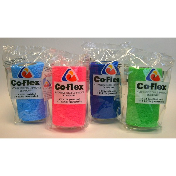 Co-Flex 4 Inch Cohesive Flexible Bandage 4" x 5 yards (Pack of 4 Rolls) Assorted Colors