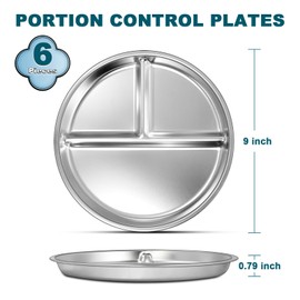 EWFEN Stainless Steel Toddler Plate Set of 6, 9" Portion Control Plates Divided Plate for Adults Kids Balance Lunch, Non Slip | Unbreakable Toddler Baby Feeding Set Dishwasher Safe