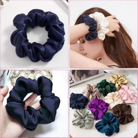 SALE!! Mulberry Silk Scrunchies and Hair Ties - 16 Momme, 100% Pure Silk, for Women and Girls with Curly, Thick or Thin Hair - Black Satin Sleep (1, 09 navy)