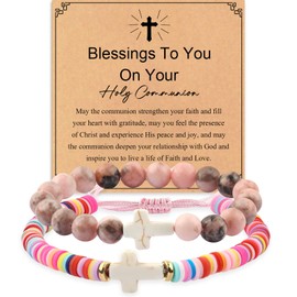 GVUSMIL Cross Bracelet Baptism Gifts Easter Basket Stuffers First Communion Adjustable Clay and Stone Christ Holy Water Bracelet Faith Jewelry for Daughter Granddaughter Niece (First Communion)