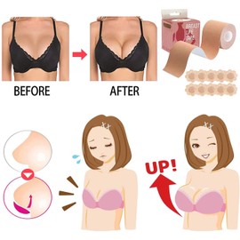 Cinta Para Busto de 5 Metros y 10 Piezas de Pezoneras Adhesiva, Tape para Busto, Cinta para Levantamiento de Busto, Cubre Pezones para Mujer, Boobe Tape de Senos para Trajes o Vestido de Fiesta