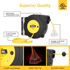 SURAIELEC 12 Gauge Extension Cord Reel, 45 FT Retractable Extension Cord, 12 AWG/3C SJTOW Heavy Duty Power Cord, 15 AMP Circuit Breaker, Lighted Triple Tap, Ceiling or Wall Mount, UL Listed