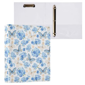 Retro Blue Butterfly and Hydrangea Flower 3 Ring Binder 1.5" Decorative D-Ring Binder with Clipboard&3 Clear Pockets, Holds 200 Sheets A4 Size Paper Waterproof Binders for School Home Office