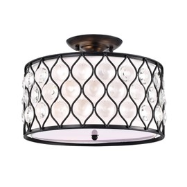 Edvivi Semi Flush Mount Ceiling Light, 3-Light Modern Entry Light Fixture with Drum Shade for Bedroom, Dining Room, Kitchen, Hallway, Entry, Living Room, Antique Black Finish with Crystals