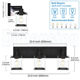MELUCEE Bathroom Lighting Fixtures Over Mirror, 3-Light Modern Black Vanity Lights with Rectangular Clear Glass Shade, 23.8 Inches Indoor Wall Mount Light for Powder Room Kitchen Hallway