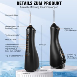 VickyHome Munddusche 3 Modi 6 Düsen Water Flosser, Munddusche Oral Zahnzwischenraumreiniger 320ML Wassertank Munddusche Kabellos, USB-C Wiederaufladbare, IPX6 Wasserdicht, 360° Drehung