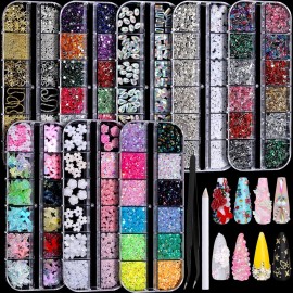 FANDAMEI Nail Charms, Nail Rhinestones Kit with 8 Boxes of Nail Gems, 3D Charms