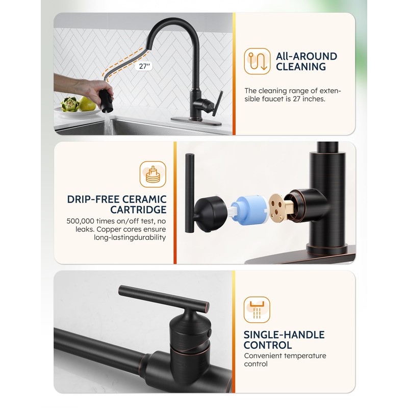 WOWOW Kitchen Faucets with Pull Down Sprayer, Oiled Rubbed Bronze