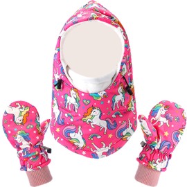 Geyoga Winter Balaclava Face Mask and Ski Mittens Set 2-6 Year Old Boy Girls Waterproof Hat and Gloves Warm Fleece Face Cover(Unicorn,Pink)