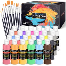 GOTIDEAL Acrylic Paint Set with Paint Brushes, 24 Colors(100ml, 3.4 oz) Outdoor Paint for Adults and Kids, Perfect for Artist, Beginner, Ideal for Wood, Canvas, Rocks, Craft Painting Supplies