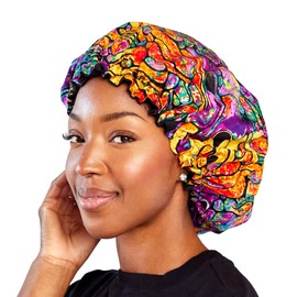 LuMay Satin Lined Ankara Double Layer Adjustable Sleeping Bonnet for Women and Men Natural Curly Hair (Berry Lava)