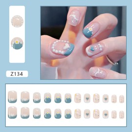 FIEONCIY Press on Nails Short Square Shaped Glossy Full Cover Acrylic Extra Short Square False Nails with Love Heart Designs Artificial Fake Nails Glue Stick ons Fingernails for Women Girls(Z134)