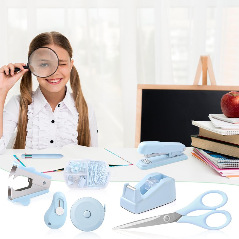 Blue Desk Accessory Kit Cute Office Supplies Set Desktop Stapler