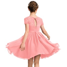 YOVION Flower Girls Dress Crew Neck Elegant Lace A-Line Formal Wedding Party Midi Dresses for 10 Years Pink