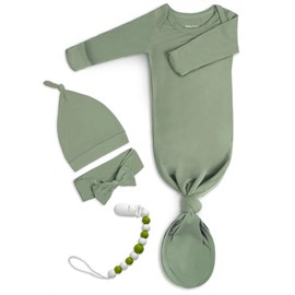 Newborn Baby Knotted Gown, Super Soft Silky Infant Long Sleeve Sleeper for Baby Girl and Boy Sleeping Bag with Mittens and Hat & Bowknot Set (Extra Long)