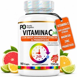 Vitamina C con Zinc y Magnesio | Bioflavonoides Cítricos + Prebióticos | Liberación Prolongada Activo por 24hrs | 90 cápsulas veganas | Purely Organic