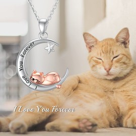 VENACOLY Cat Necklace Sterling Silver Cat on Moon Pendant Necklace Cat Jewellery Gifts for Cat Lovers Women Girls
