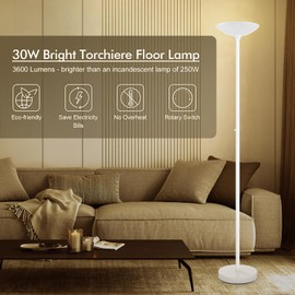 30W Torchiere Floor Lamp - 3600LM Super Bright LED Floor Lamp, 71 Inch Stepless Dimmable Standing Lamp with 3000K Lighting, Rotary Switch, Tall Metal Torch Floor lamps for Living Room/Bedroom (White)